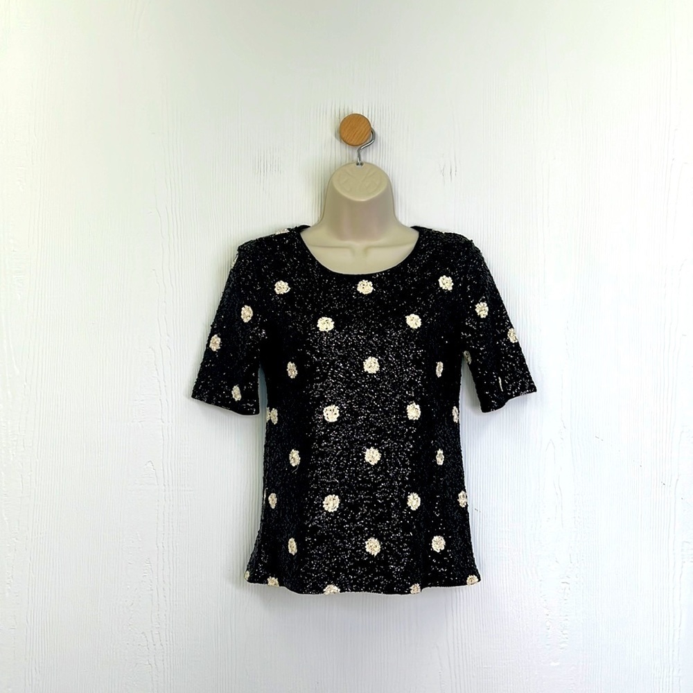 J Crew - Vintage Black And Cream Polka Dot Sequin Short Sleeve Top Size XS